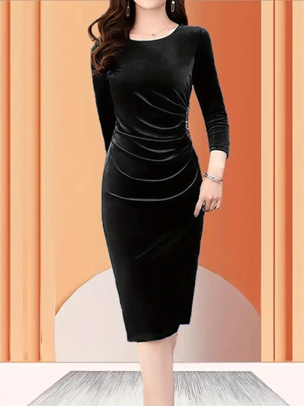 Kadın Uzun Kollu Bot Yaka Yanı Taş Detaylı Midi Kadife Elbise - Resim 5