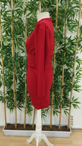 Kadın Uzun Kollu Bisiklet Yaka Bel Kemer Detay Ithal Krep Elbise - Resim 8