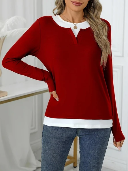 Kadın Uzun Kollu V Yakalı çift Renkli Viskon Iki Iplik Bluz - Resim 5
