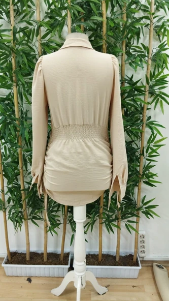 Kadın Uzun Kollu Gömlek Yaka önden Düğmeli Yanlardan Büzgülü Kısa Aerobin Elbise - Resim 8