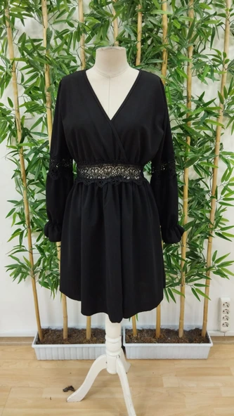 Kadın Uzun Kollu Kruvaze Yakalı Dantelli Fermuar Detaylı Kısa Ithal Krep Elbise - Resim 7