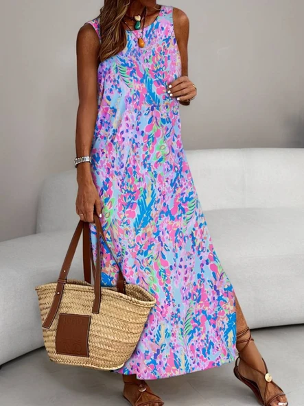 Kadın Askılı Yuvarlak Yaka Yandan Yırtmaçlı Uzun Süprem Elbise - Resim 7