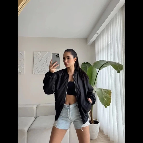 Unisex İçi Astarlı Düz Bomber Ceket - Siyah ürün görseli