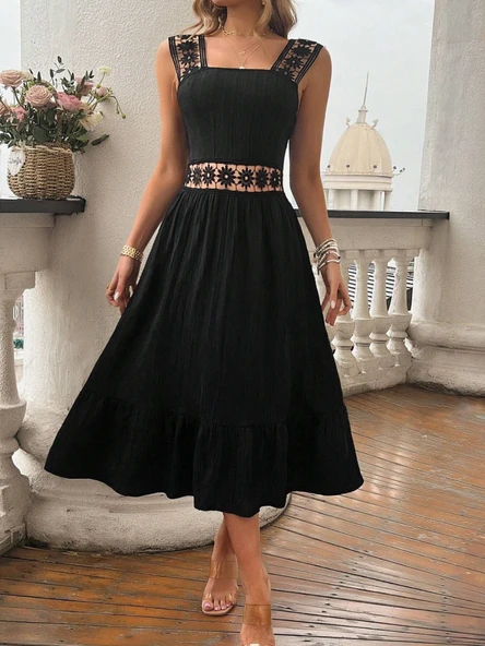 Kadın Askılı Ve Beli Dantel Detaylı Fırfırlı Uzun Bürümcük Elbise - Resim 5