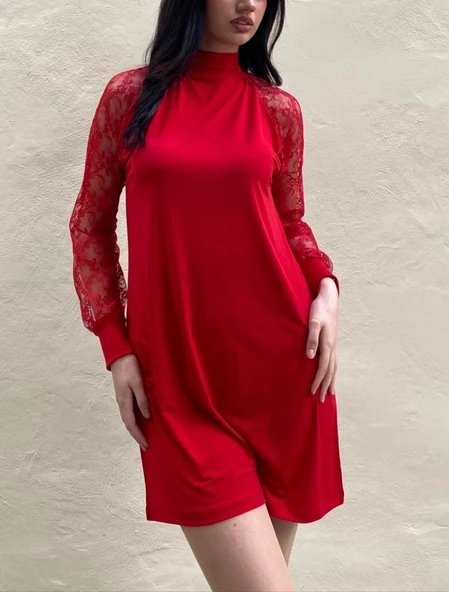 Kadın Uzun Kollu Damla Detaylı Sandy Mini Elbise - Resim 4