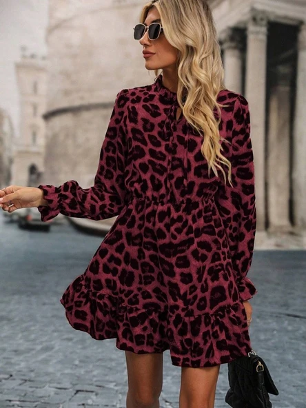 Kadın Uzun Kollu Yakadan Bağcıklı Modal Leopar Desenli Mini Elbise - Resim 3