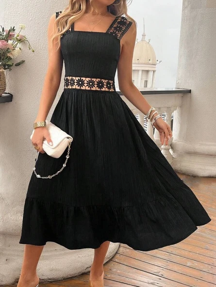 Kadın Askılı Ve Beli Dantel Detaylı Fırfırlı Uzun Bürümcük Elbise - Resim 2