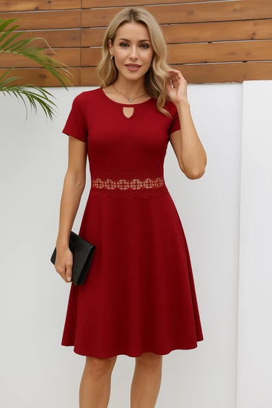 Kadın Kısa Kollu Yuvarlak Yaka Damla Detaylı Janjan Elbise ürün görseli