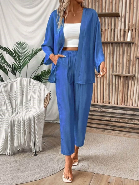 Kadın Uzun Kollu önü Açık Dokuma Ceket Ve Pantolon Ikili Takım - Resim 4