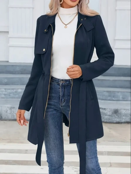 Kadın Uzun Kollu Boyundan Düğmeli Fermuarlı Beli Kuşaklı Süet Ceket - Resim 3