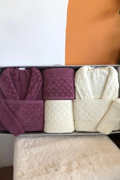 Şazeli 8 Parça Aile Bornoz Takımı Mürdüm Krem