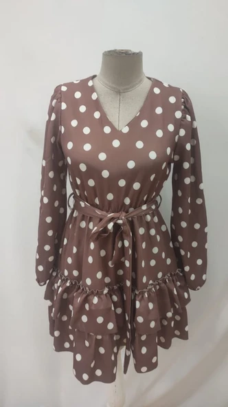 Kadın Uzun Kollu V Yakalı Belden Kuşaklı Puantiyeli Mini Modal Elbise - Resim 5