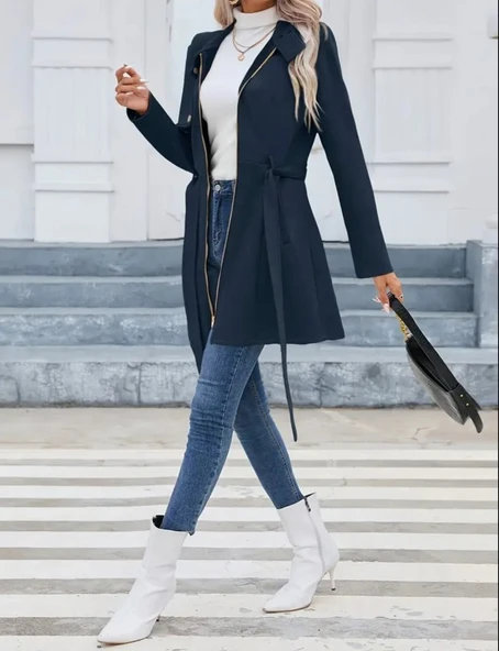 Kadın Uzun Kollu Boyundan Düğmeli Fermuarlı Beli Kuşaklı Süet Ceket - Resim 4