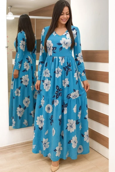 Kadın Uzun Kollu V Yakalı çiçek Desenli Maxi Süprem Elbise - Resim 8