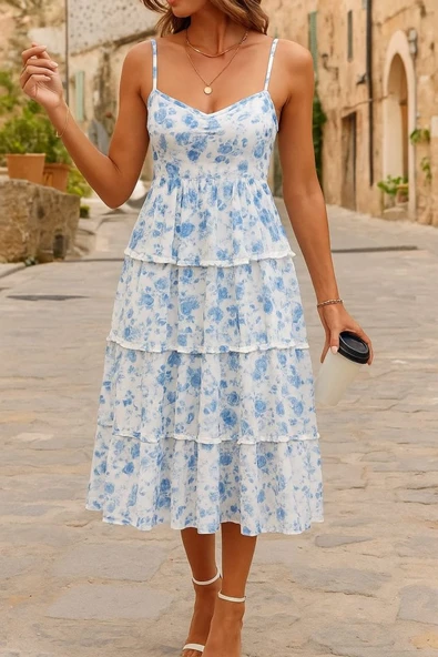 Kadın Sıfır Kol Askılı Dekolteli Yırtmaç Detay çiçek Baskılı Süprem Midi Elbise ürün görseli