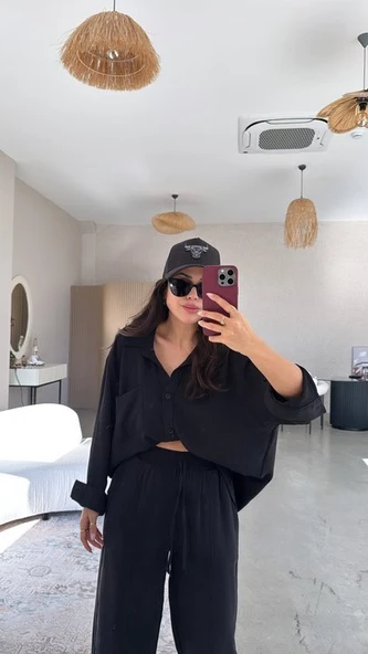 Kadın Flamlı Keten Tek Cep Oversızed Gömlek ürün görseli