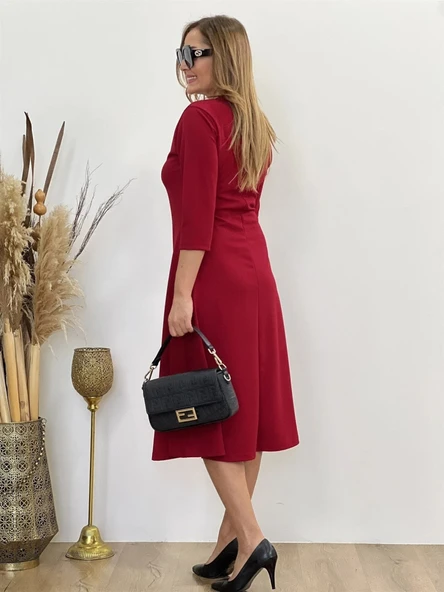 Kadın Uzun Truvakar Kol Bisiklet Yaka Midi Modal Elbise - Resim 7