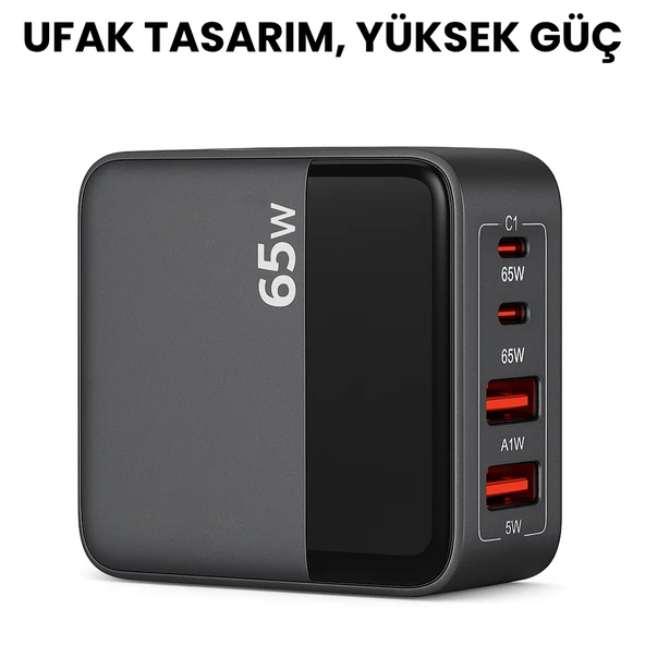 65W Hızlı Şarj Adaptörü  2 Type-C + 2 USB-A Çoklu Port  Laptop Telefon Tablet Uyumlu  Akıllı Güç Dağıtımı  Kompakt Tasarım - 7