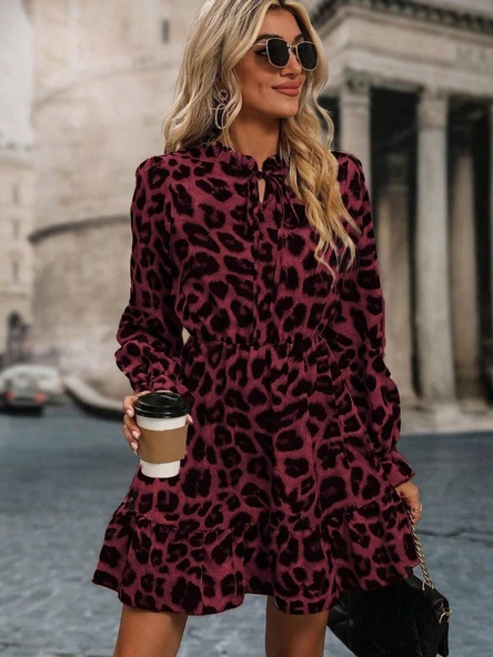 Kadın Uzun Kollu Yakadan Bağcıklı Modal Leopar Desenli Mini Elbise - Resim 4