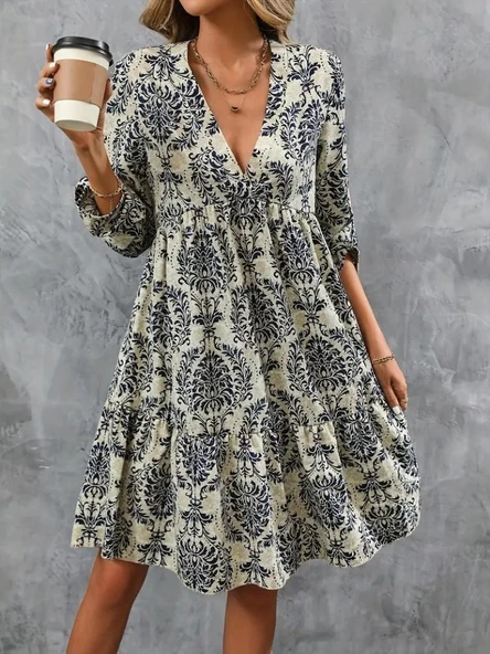 Kadın Uzun Kollu V Yakalı Fırfırlı Mini Süprem Elbise ürün görseli