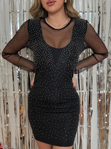 Kadın Uzun Kollu Yuvarlak Yaka Dekolteli Taşlı Dalgıç Elbise - Resim 10