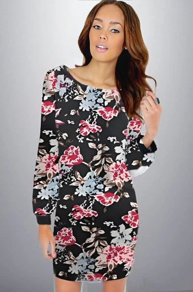 Kadın Uzun Kollu Bisiklet Yaka Dalgıç Mini Boy Elbise - Resim 8