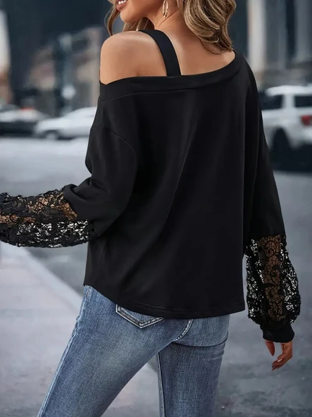 Kadın Uzun Kollu Tek Omuzu Açık Dantelli Viskon Iki Iplik Bluz - Resim 2