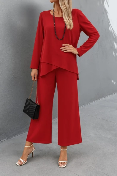Kadın Uzun Kollu Asimetrik Detaylı Salaş Sandy Bluz Ve Pantolon Ikili Takım ürün görseli