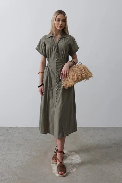 Önü Düğmeli Kısa Kol Elbise - Haki - Resim 3