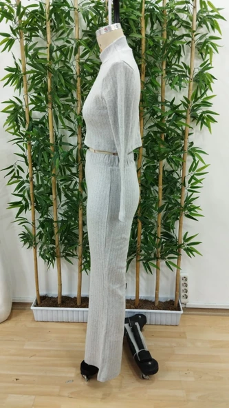 Kadın Uzun Kollu Balıkçı Yaka Krop Ve Pantolon şardonlu Kaşkorse Ikili Takım - Resim 7