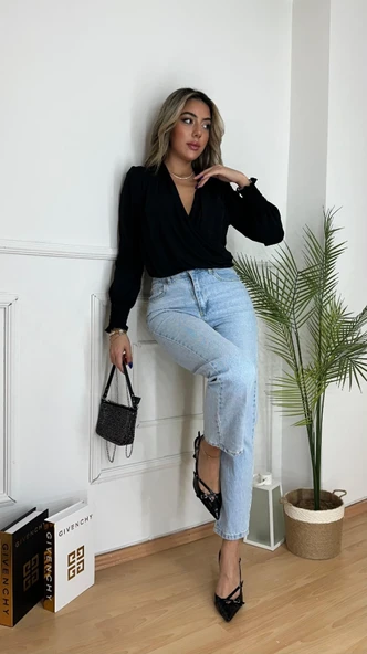 Kadın Uzun Kollu Dökümlü Kruvaze Yaka Kol Ucu Gipeli Sandy Bluz - Resim 6