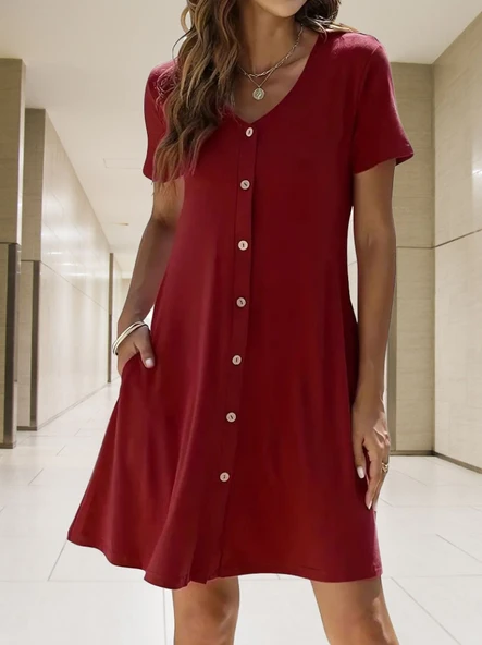 Kadın Kısa Kollu V Yaka önü Düğmeli Viskon Elbise - Resim 3