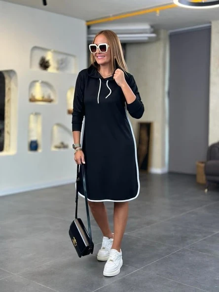 Kadın Uzun Kollu Kapüşon Ve Ribana Detay Diz üstü Elbise - Resim 3