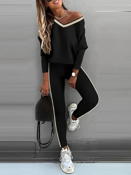 Kadın Uzun Kollu Tek Omuzu Açık Detaylı Viskon Iki Iplik Bluz Ve Pantolon Ikili Takım ürün görseli