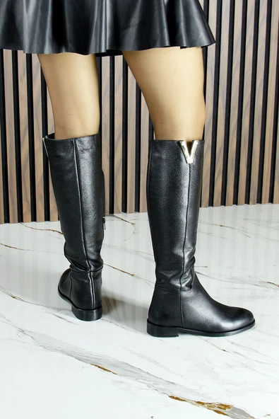 Erkan Saçmacı Siyah Hakiki Dana Derisi Metal Aksesuarlı Fermuarlı Yuvarlak Burun Kalın Topuklu Çizme - 5