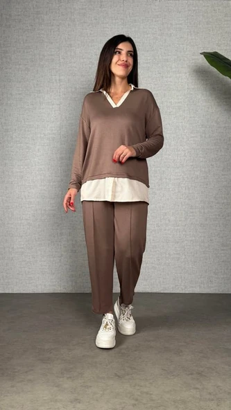 Polo Yaka Gömlek Detay Salaş Balon Pantolunlu ıkılı Takım - Resim 5