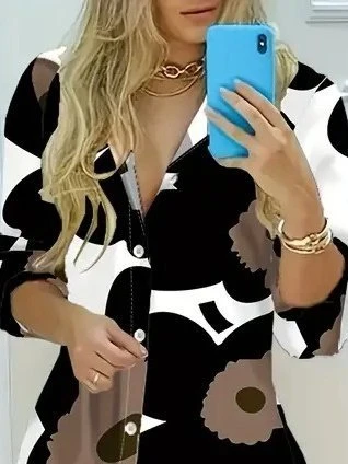 Kadın Yakalı önden Düğmeli çiçek Desenli Uzun Süprem Elbise - Resim 3