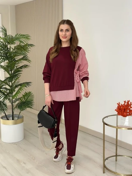 Kadın Gömlek Detay çizgili Yandan Bağlamalı Ikili Takım - Resim 5