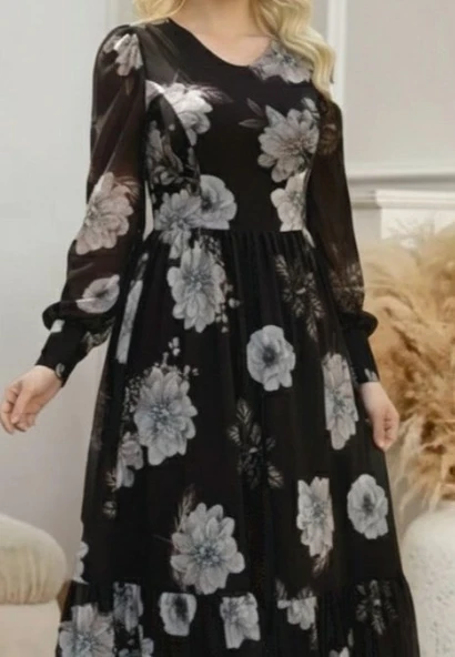 Kadın Uzun Kollu V Yakalı çiçek Desenli Maxi Süprem Elbise - Resim 6