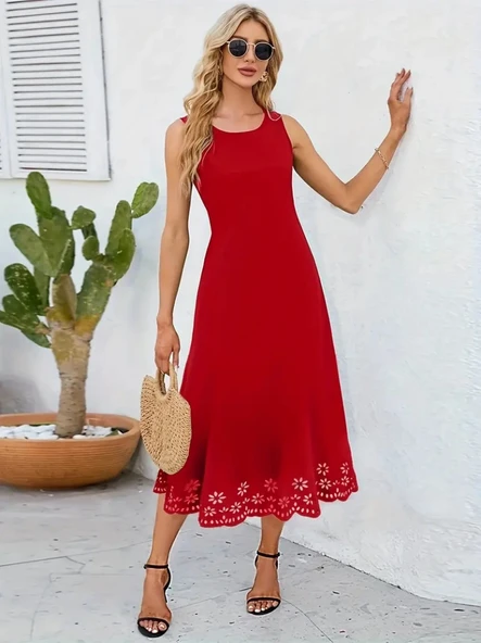 Kadın Kolsuz Etek Ucu Lazer Kesim çiçek Desenli Midi Boy Ithal Krep Elbise ürün görseli