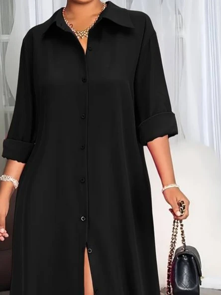 Kadın Uzun Kollu Yakalı önden Düğmeli Uzun Dokuma Elbise - Resim 2