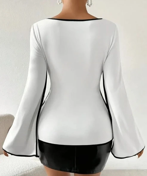 Kadın U Yaka Siyah şerit Detyalı Yarasa Kol Dalgıç Kumaş Arabiyeli Bluz - Resim 3