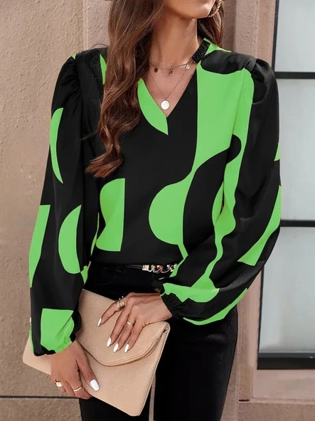 Kadın Uzun Kollu V Yakalı Desenli Modal Bluz ürün görseli