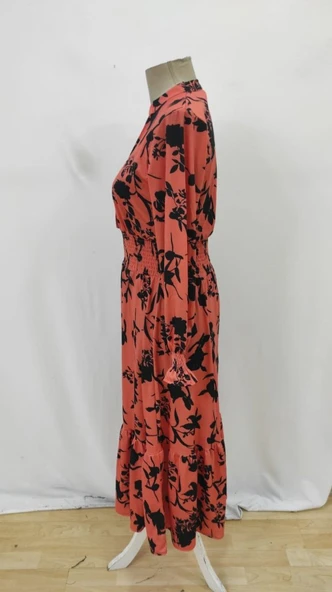 Kadın Uzun Kollu Kruvaze Yakalı çiçek Desenli Maksi Süprem Elbise - Resim 5