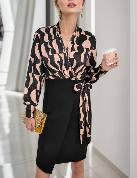 Kadın Uzun Kollu Kruvaze Yaka Dijital Baskılı Fiyonk Detay Atlas Kumaş Elbise - Resim 6