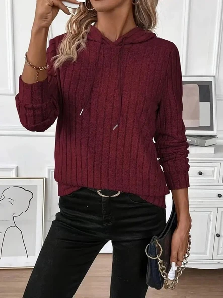 Kadın Uzun Kollu Kapşonlu Bağcıklı şardonlu Kaşkorse Bluz ürün görseli