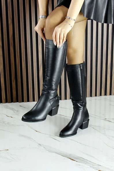 Erkan Saçmacı Siyah Hakiki Dana Derisi Streç Tokalı Fermuarlı Sivri Burun Kalın Topuklu Çizme - 3