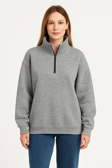 Üç İplik Dık Yaka Yarım Fermuarlı SweatShirt - Gri - Resim 2