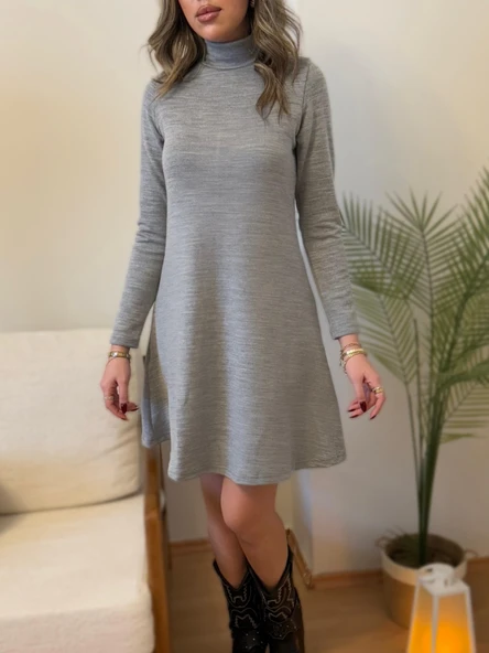 Kadın Uzun Kollu Balıkçı Yaka Salaş Kusa Akrilik Elbise - Resim 5