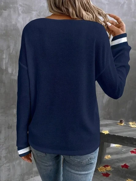 Kadın Uzun Kollu V Yakalı Waffle Bluz - Resim 4